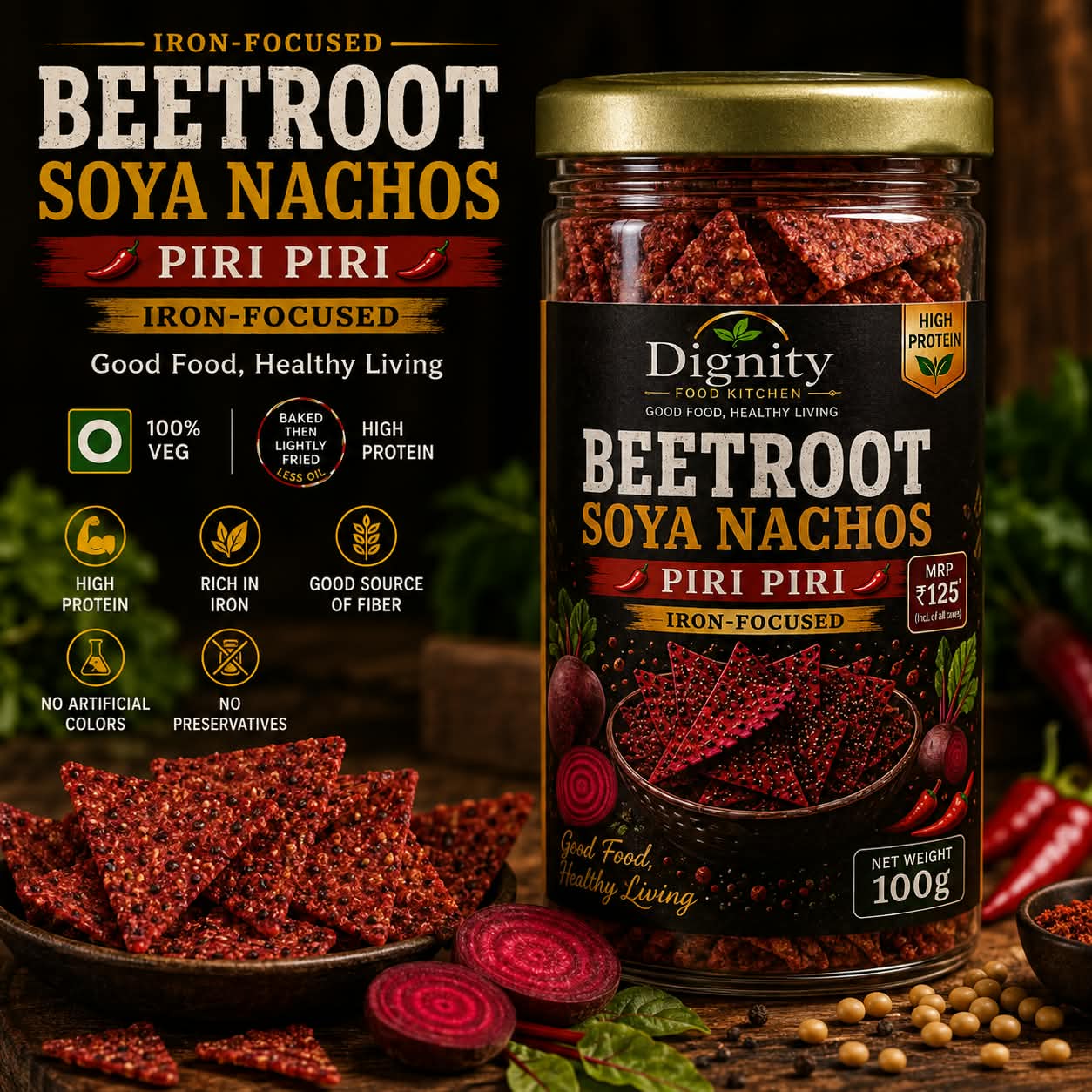Beetroot Soya Nachos – Piri Piri — Dignity Food Kitchen Beetroot snack jar