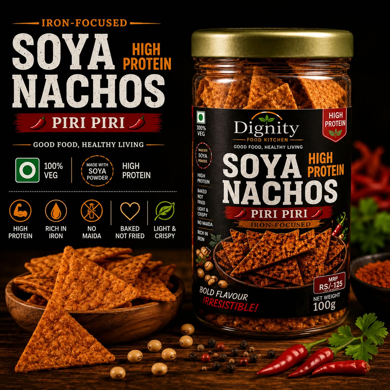 Soya Nachos High Protein – Piri Piri — Dignity Food Kitchen Piri Piri snack jar