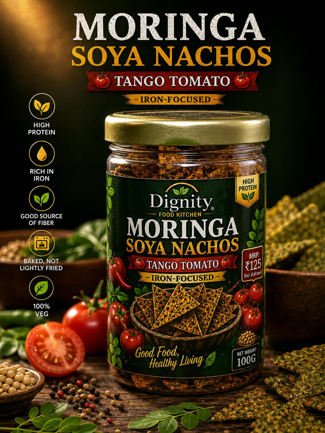 Moringa Soya Nachos – Tango Tomato — Dignity Food Kitchen Tango Tomato snack jar