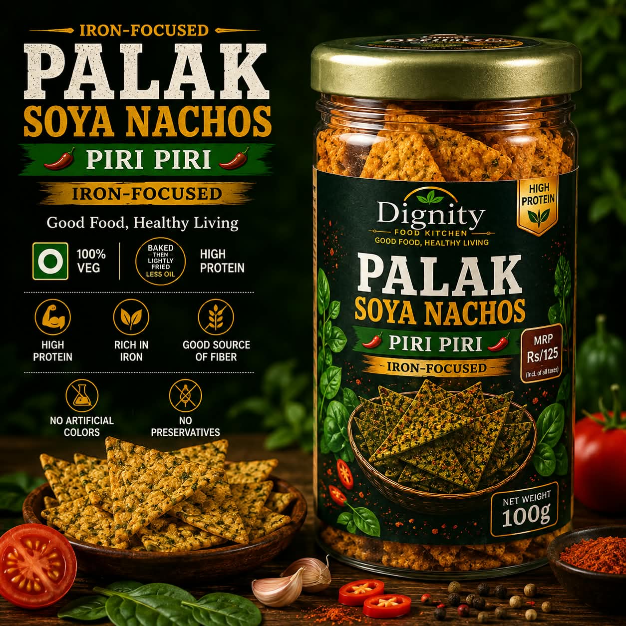 Soya Palak Nachos – Piri Piri — Dignity Food Kitchen Palak snack jar