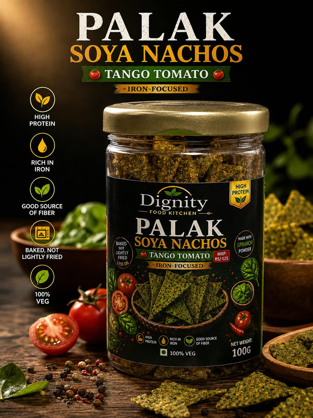 Soya Palak Nachos – Tango Tomato — Dignity Food Kitchen Palak snack jar