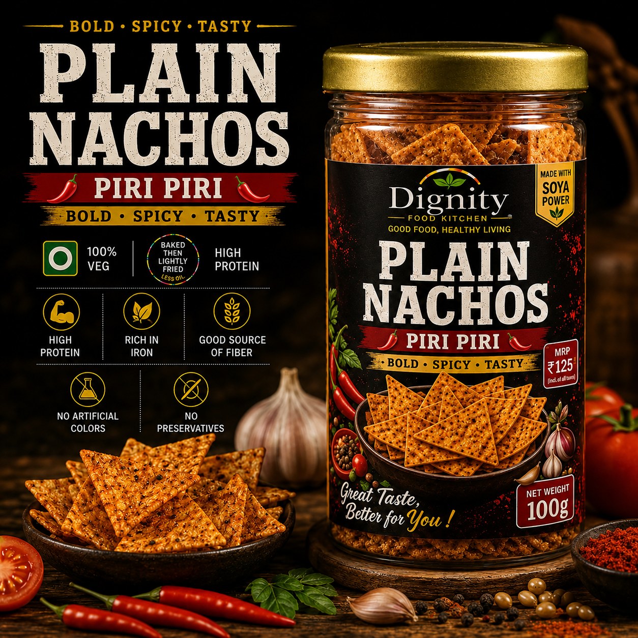 Plain Soya Nachos – Piri Piri — Dignity Food Kitchen Piri Piri snack jar